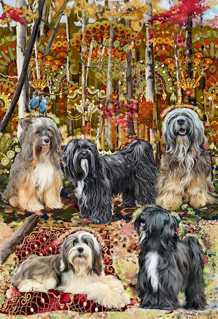 Painted print of Deidre's dogs together in an autumn forest, by artist Sheryl Getman